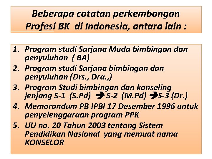 Beberapa catatan perkembangan Profesi BK di Indonesia, antara lain : 1. Program studi Sarjana