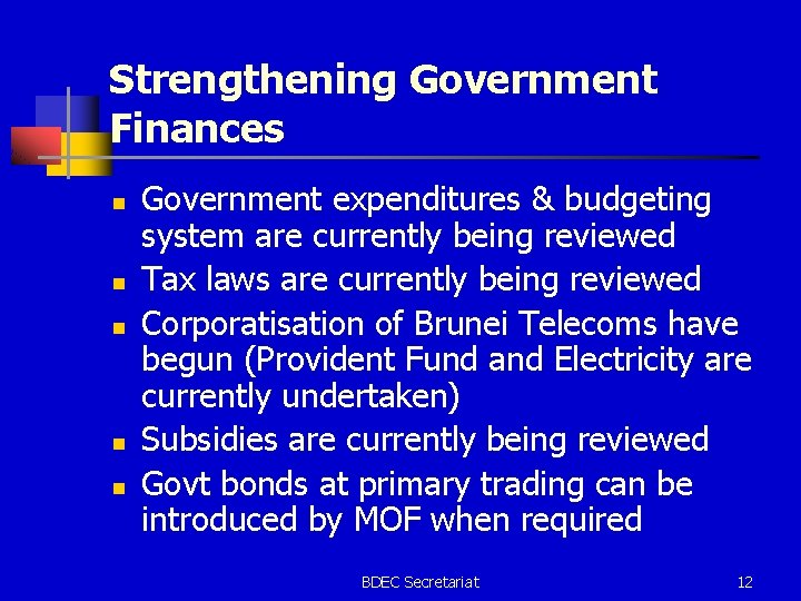 Strengthening Government Finances n n n Government expenditures & budgeting system are currently being