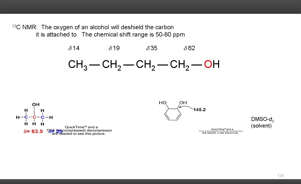 13 C NMR: The oxygen of an alcohol will deshield the carbon it is