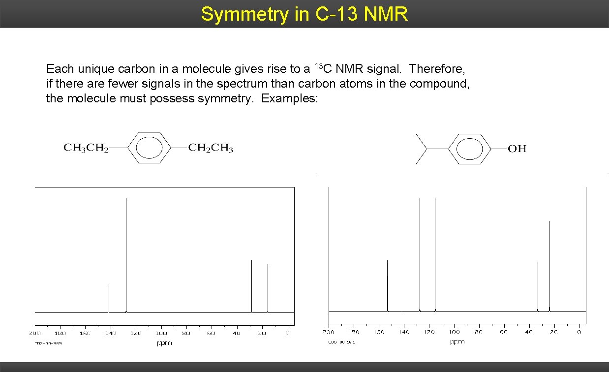 Symmetry in C-13 NMR Each unique carbon in a molecule gives rise to a