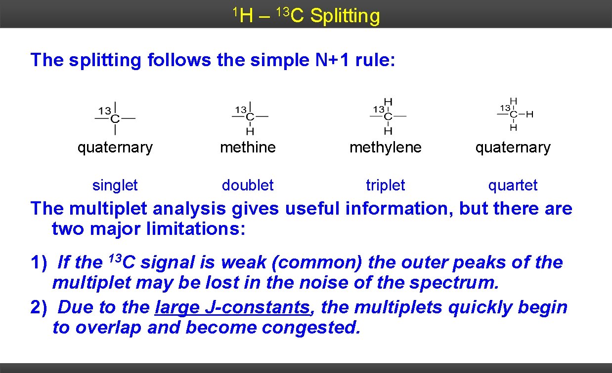 1 H – 13 C Splitting The splitting follows the simple N+1 rule: quaternary