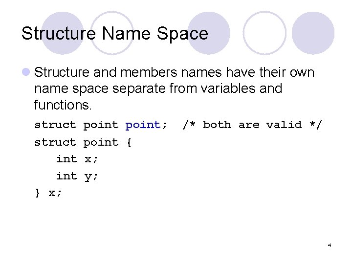 Structure Name Space l Structure and members names have their own name space separate