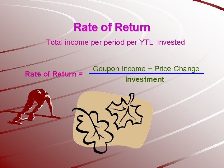 Rate of Return Total income period per YTL invested Rate of Return = Coupon