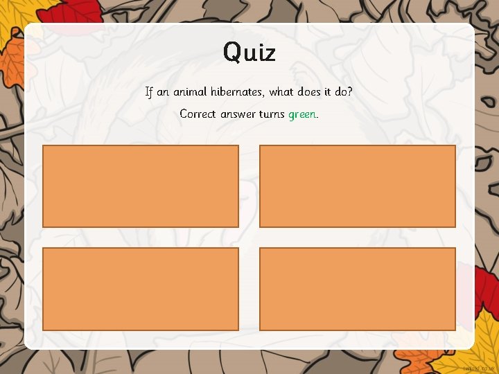 Quiz If an animal hibernates, what does it do? Correct answer turns green. 