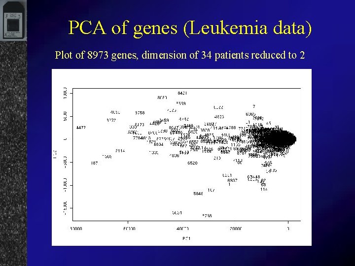 PCA of genes (Leukemia data) Plot of 8973 genes, dimension of 34 patients reduced