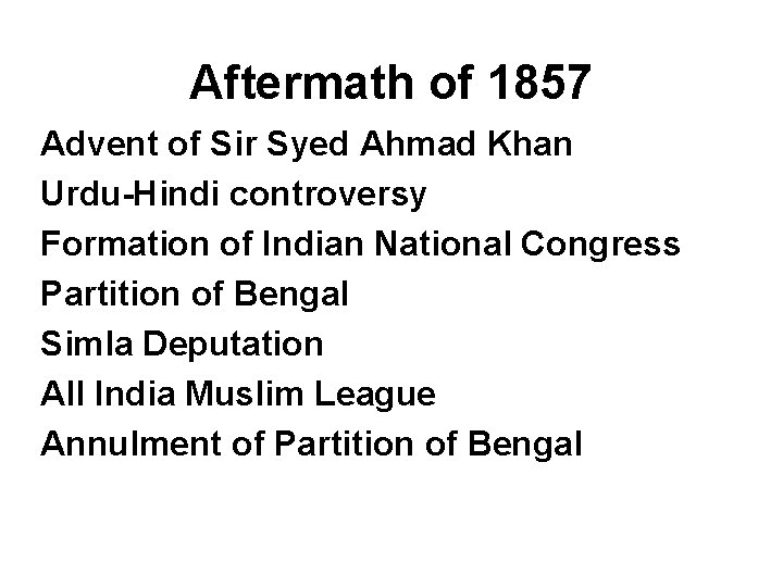 Aftermath of 1857 Advent of Sir Syed Ahmad Khan Urdu-Hindi controversy Formation of Indian