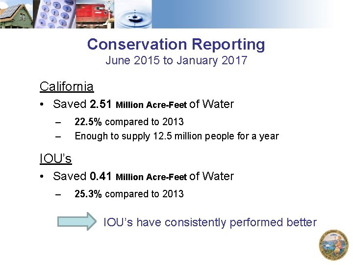 Conservation Reporting June 2015 to January 2017 California • Saved 2. 51 Million Acre-Feet