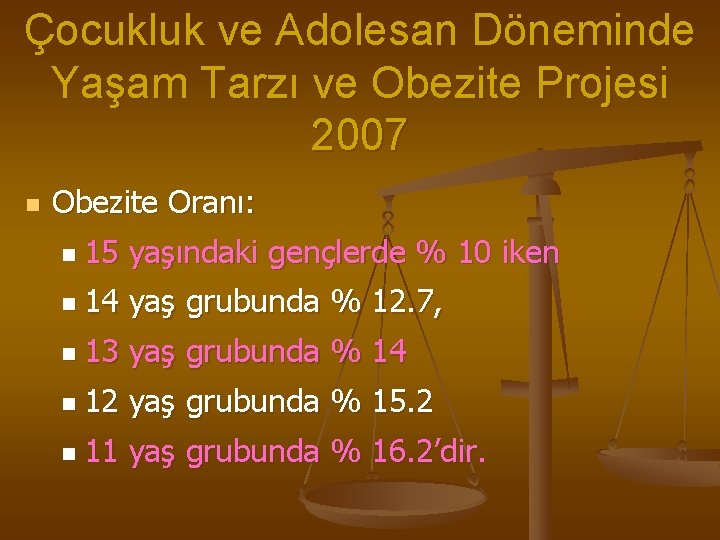 Çocukluk ve Adolesan Döneminde Yaşam Tarzı ve Obezite Projesi 2007 n Obezite Oranı: n