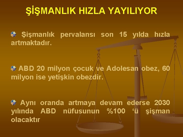 ŞİŞMANLIK HIZLA YAYILIYOR Şişmanlık pervalansı son 15 yılda hızla artmaktadır. ABD 20 milyon çocuk