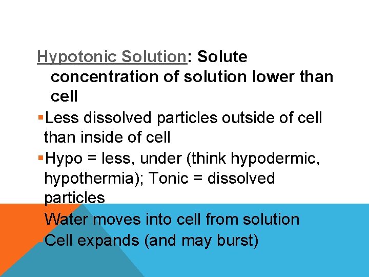 Hypotonic Solution: Solute concentration of solution lower than cell §Less dissolved particles outside of
