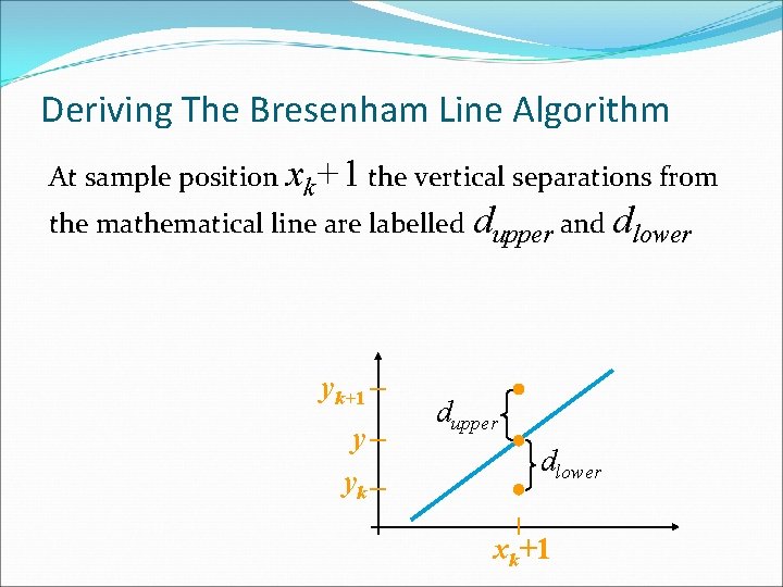 Deriving The Bresenham Line Algorithm At sample position xk+1 the vertical separations from the Deriving The Bresenham Line Algorithm At sample position xk+1 the vertical separations from the