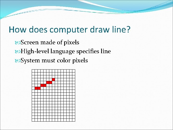 How does computer draw line? Screen made of pixels High-level language specifies line System How does computer draw line? Screen made of pixels High-level language specifies line System