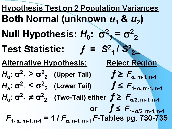 Hypothesis Test on 2 Population Variances Both Normal (unknown u 1 & u 2)