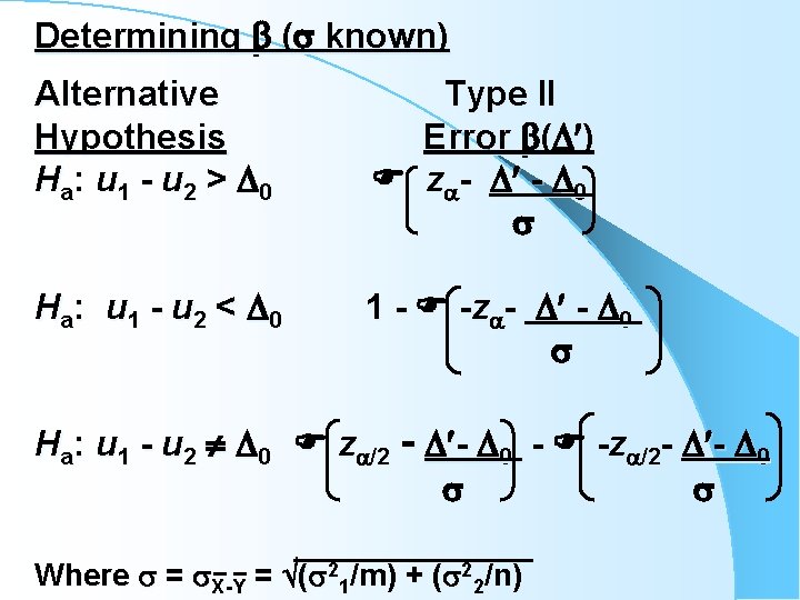 Determining ( known) Alternative Hypothesis H a: u 1 - u 2 > 0