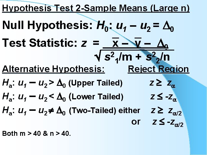 Hypothesis Test 2 -Sample Means (Large n) Null Hypothesis: H 0: u 1 –