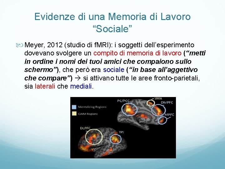 Evidenze di una Memoria di Lavoro “Sociale” Meyer, 2012 (studio di f. MRI): i
