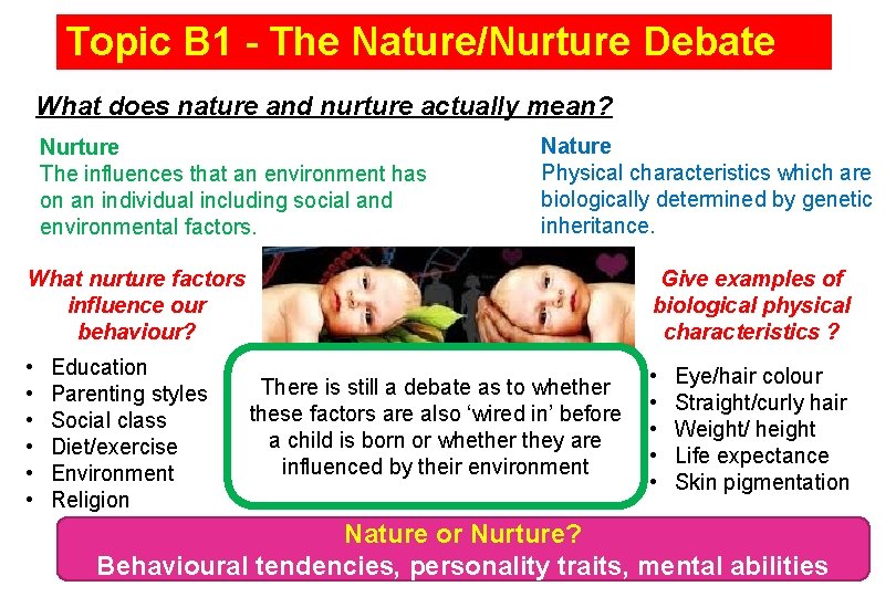 Topic B 1 - The Nature/Nurture Debate What does nature and nurture actually mean?