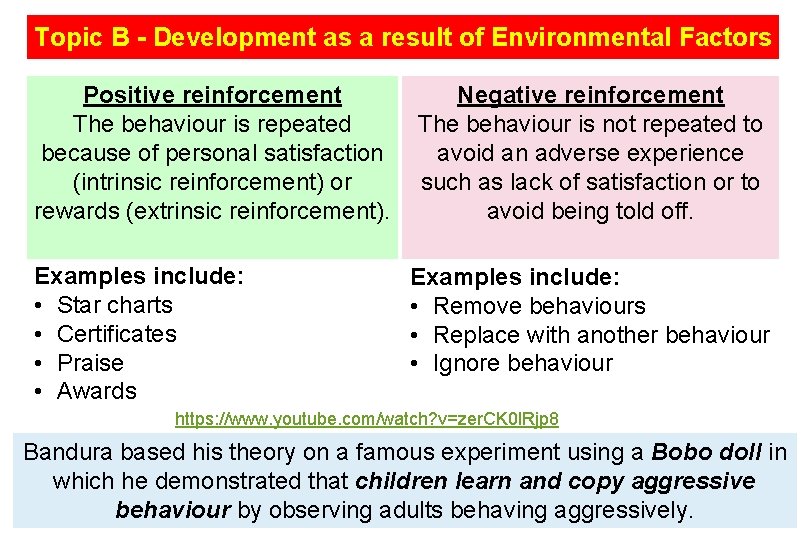 Topic B - Development as a result of Environmental Factors Positive reinforcement The behaviour