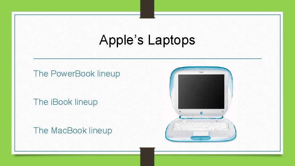 Apple’s Laptops The Power. Book lineup The i. Book lineup The Mac. Book lineup