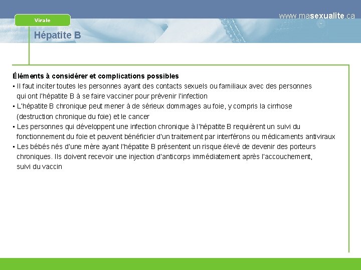 Virale www. masexualite. ca Hépatite B Éléments à considérer et complications possibles • Il