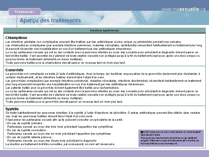 www. masexualite. ca Traitements Aperçu des traitements Infections bactériennes Chlamydiose Les infections génitales non