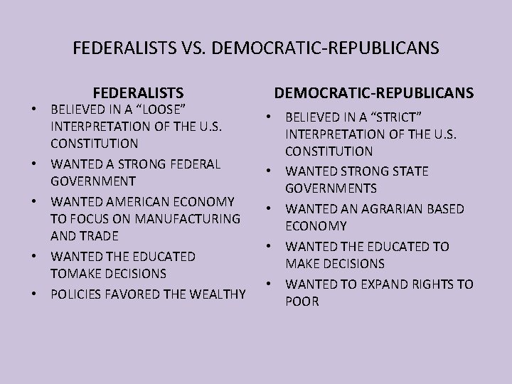 FEDERALISTS VS. DEMOCRATIC-REPUBLICANS FEDERALISTS • BELIEVED IN A “LOOSE” INTERPRETATION OF THE U. S.