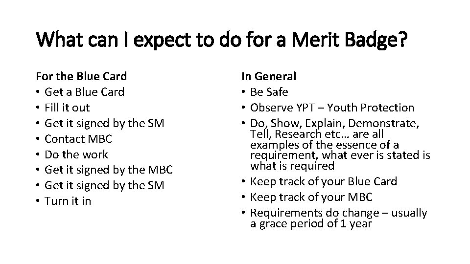 What can I expect to do for a Merit Badge? For the Blue Card