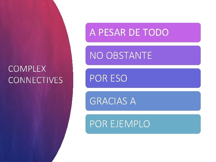 A PESAR DE TODO NO OBSTANTE COMPLEX CONNECTIVES POR ESO GRACIAS A POR EJEMPLO