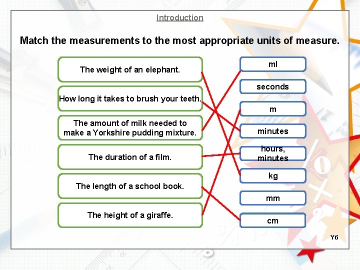 Introduction Match the measurements to the most appropriate units of measure. The weight of