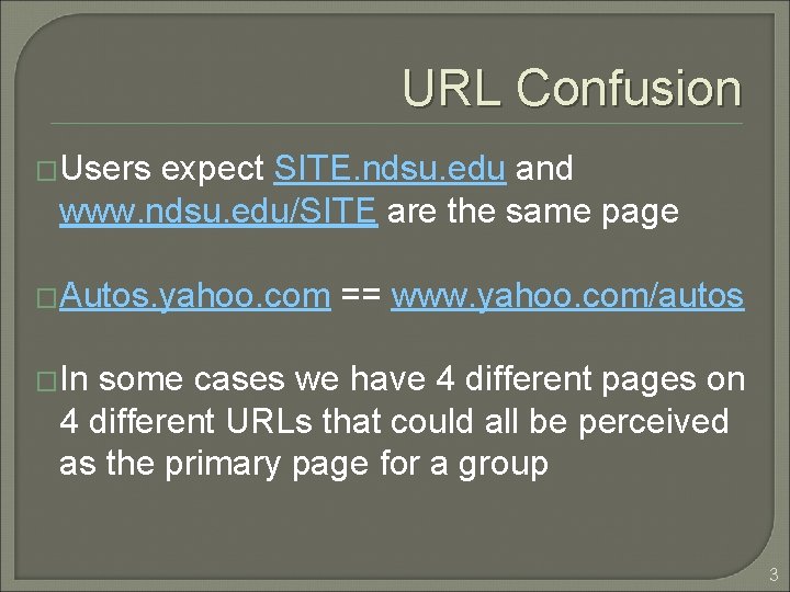 URL Confusion �Users expect SITE. ndsu. edu and www. ndsu. edu/SITE are the same