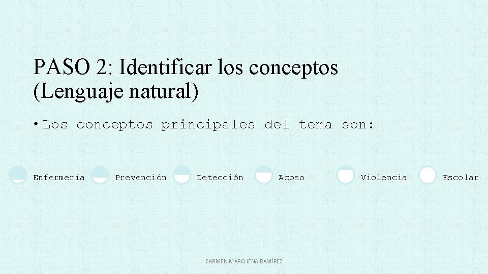 PASO 2: Identificar los conceptos (Lenguaje natural) • Los conceptos principales del tema son: