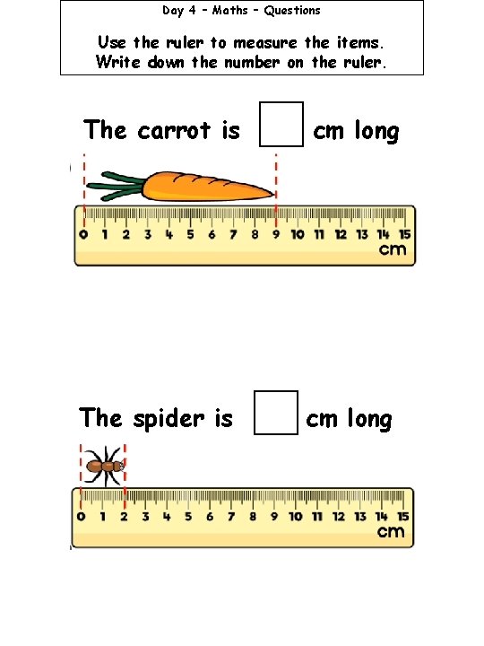 Day 4 – Maths – Questions Use the ruler to measure the items. Write