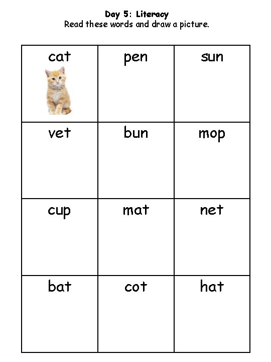 Day 5: Literacy Read these words and draw a picture. cat pen sun vet