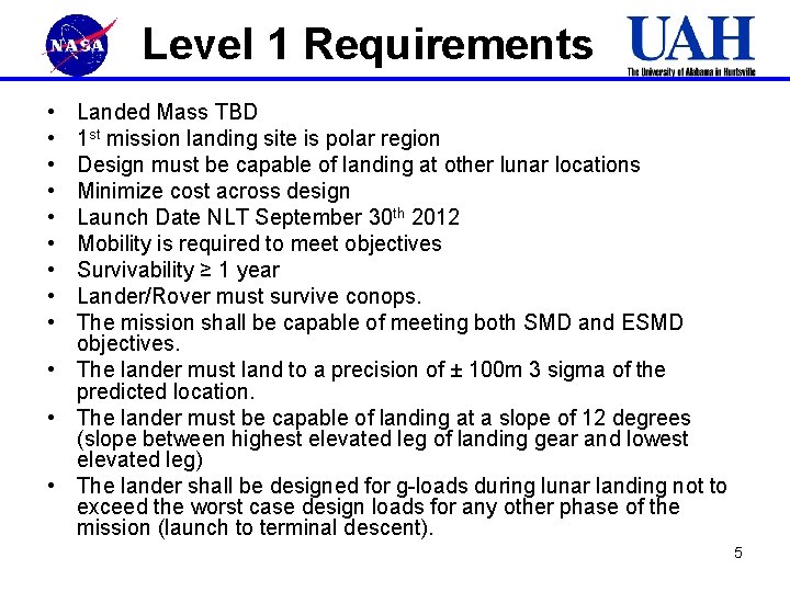 Level 1 Requirements • • • Landed Mass TBD 1 st mission landing site