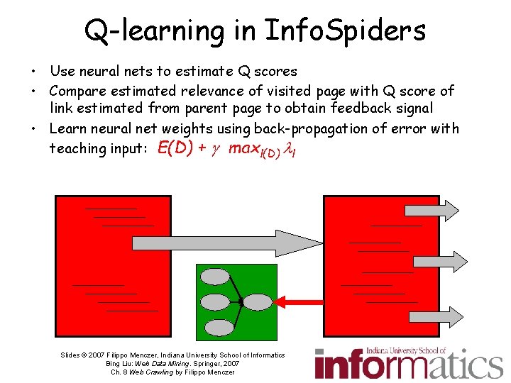 Q-learning in Info. Spiders • Use neural nets to estimate Q scores • Compare