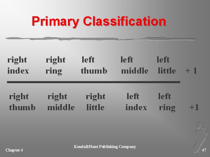 Primary Classification right index right ring right thumb right middle Chapter 4 left thumb