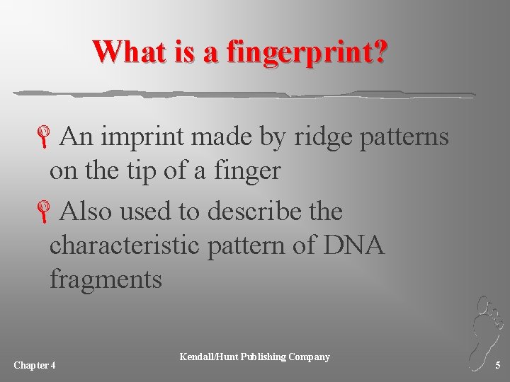 What is a fingerprint? LAn imprint made by ridge patterns on the tip of