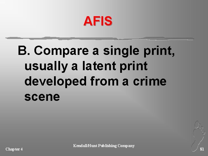 AFIS B. Compare a single print, usually a latent print developed from a crime