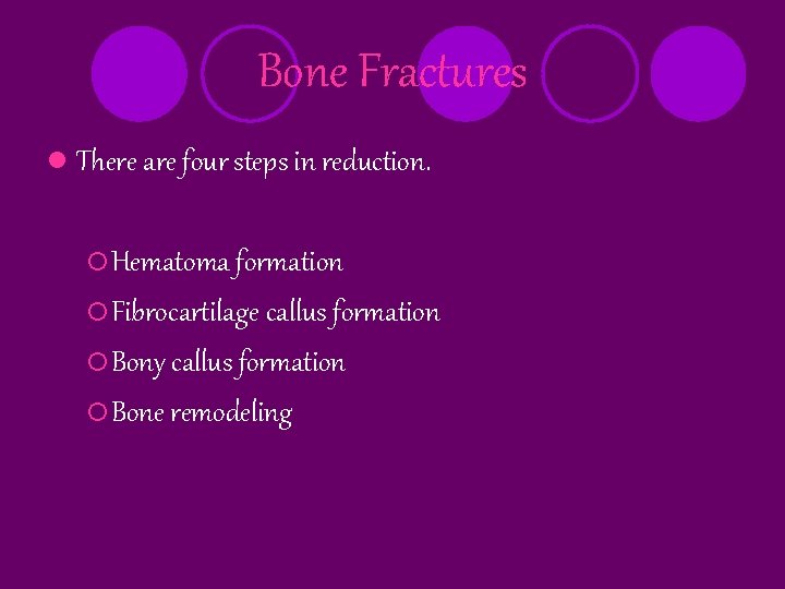 Bone Fractures l There are four steps in reduction. ¡ Hematoma formation ¡ Fibrocartilage