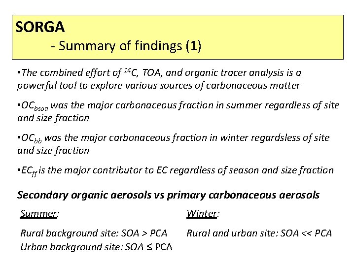 SORGA - Summary of findings (1) • The combined effort of 14 C, TOA,