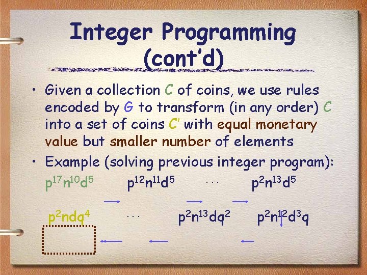 Integer Programming (cont’d) • Given a collection C of coins, we use rules encoded