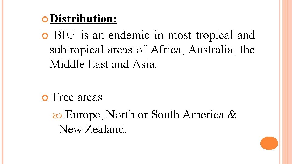 Distribution: BEF is an endemic in most tropical and subtropical areas of Africa,