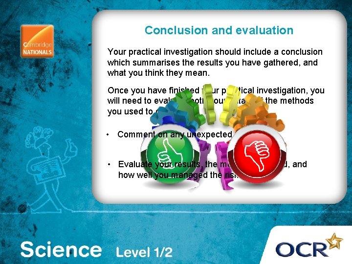 Conclusion and evaluation Your practical investigation should include a conclusion which summarises the results