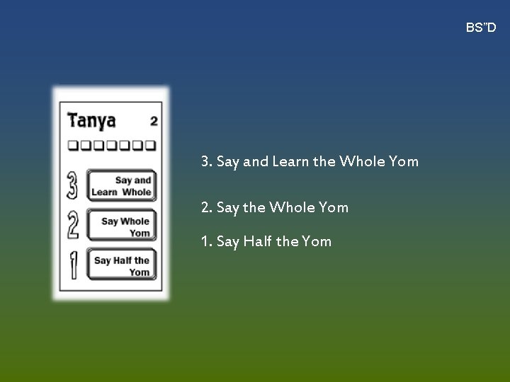 BS”D 3. Say and Learn the Whole Yom 2. Say the Whole Yom 1.
