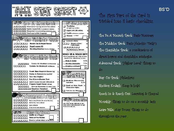 BS”D The First Part of the Card is Divided into 8 basic checklists. The
