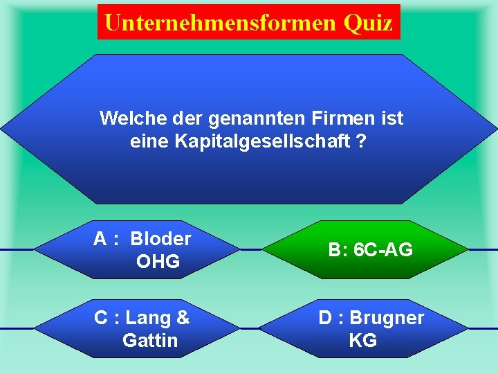 Unternehmensformen Quiz Welche der genannten Firmen ist eine Kapitalgesellschaft ? A : Bloder OHG