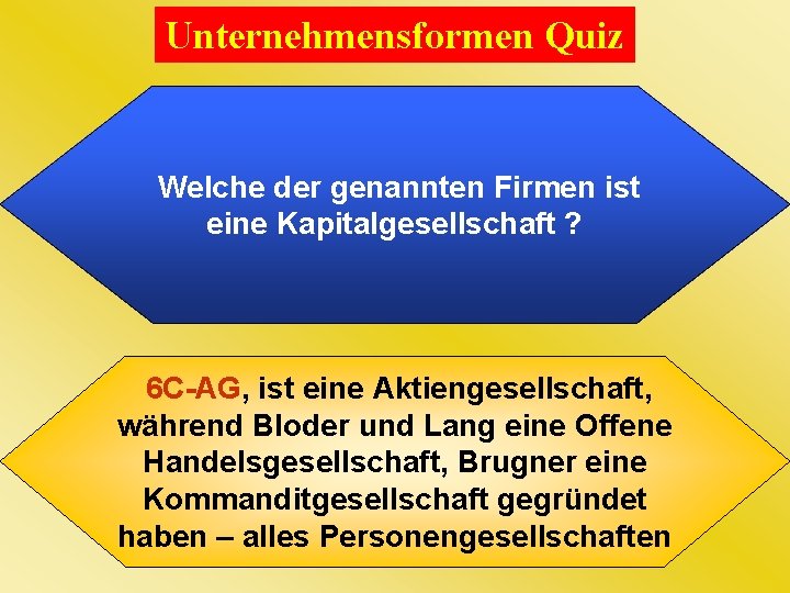 Unternehmensformen Quiz Welche der genannten Firmen ist eine Kapitalgesellschaft ? 6 C-AG, ist eine