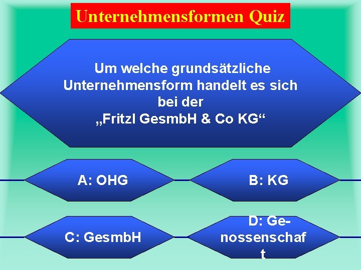 Unternehmensformen Quiz Um welche grundsätzliche Unternehmensform handelt es sich bei der „Fritzl Gesmb. H