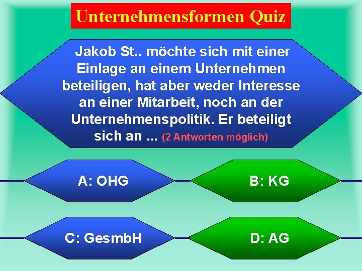 Unternehmensformen Quiz Jakob St. . möchte sich mit einer Einlage an einem Unternehmen beteiligen,