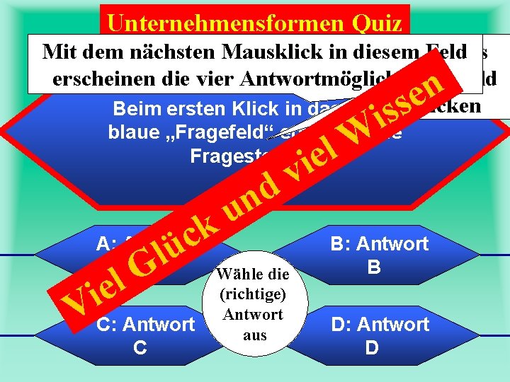 Unternehmensformen Quiz Mit dem nächsten Mausklick in diesem In. Feld dieses erscheinen die vier